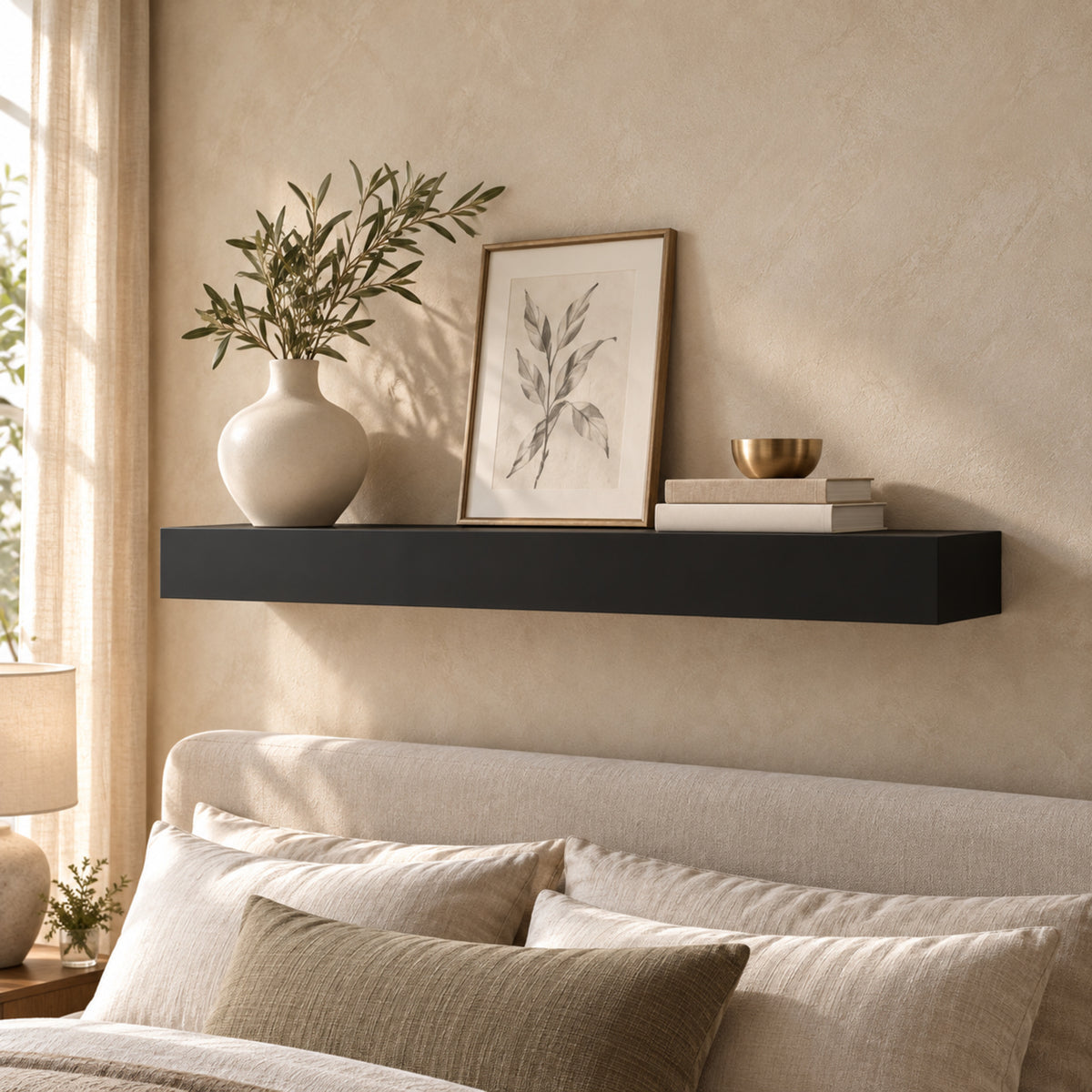 A cozy primary bedroom scene featuring a single thick black floating shelf mounted above a upholstered headboard with neutral linen bedding. The shelf is styled with a white ceramic pitcher holding olive branches, a framed leaf print, a small brass bowl, and stacked books against a beige textured wall.