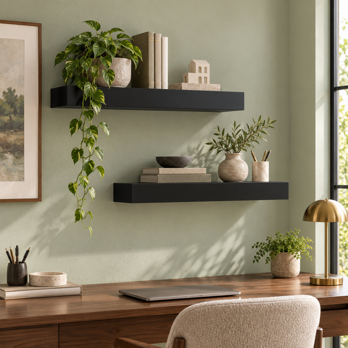 A modern home office setup featuring two thick black floating shelves on a light sage green wall. The top shelf holds a cascading houseplant and books, while the bottom shelf holds a ceramic bowl, books, and an olive branch in a vase, all positioned above a dark wood desk with a laptop and brass desk lamp.
