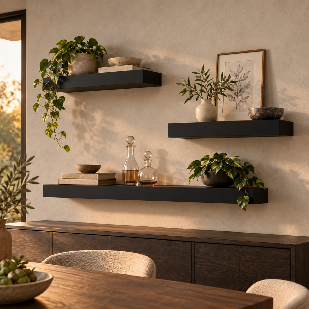 A modern dining room scene featuring three black floating shelves arranged asymmetrical on a warm beige plaster wall above a dark wood sideboard. The shelves are styled with trailing houseplants, glass decanters, stacks of books, ceramic bowls, and framed olive branch art.