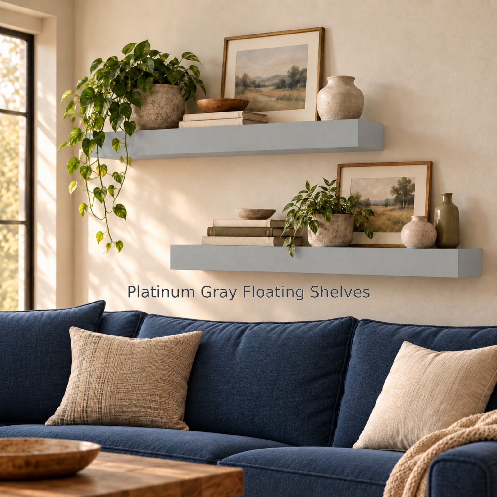 A cozy family room setup featuring two thick platinum gray floating wall shelves above a deep blue sofa with beige accent pillows. The shelves are decorated with trailing houseplants, textured ceramic vases, stacks of books, and framed nature art prints against a beige wall. Text in the center reads "Platinum Gray Floating Shelves".