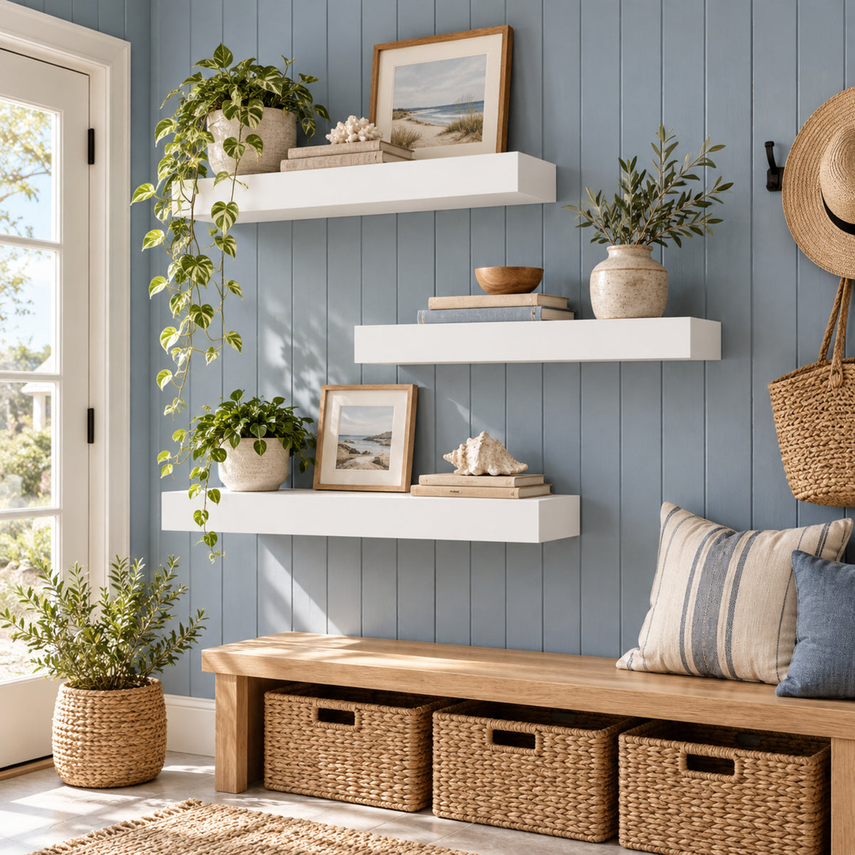 A coastal mudroom setup featuring three white floating shelves arranged on a light blue beadboard wall. The shelves hold potted plants, seashells, books, and framed beach landscape prints above a wooden bench with woven storage baskets.