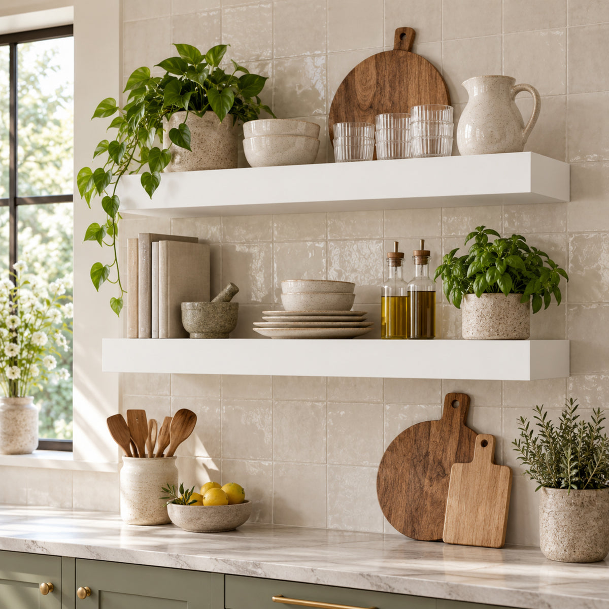 A modern kitchen scene featuring two thick white floating shelves on a beige tiled wall. The shelves are styled with white ceramic bowls, glassware, wooden cutting boards, glass oil bottles, a mortar and pestle, and potted green herbs.