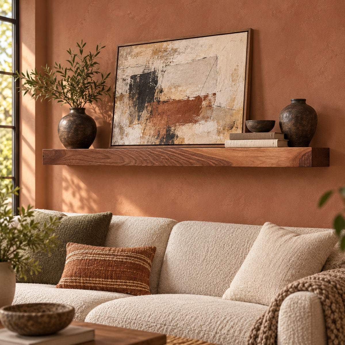A styled living room scene with a cream boucle sofa, decorative pillows, a large floating wooden shelf, ceramic vases, and a large framed abstract painting on a terracotta-colored wall.