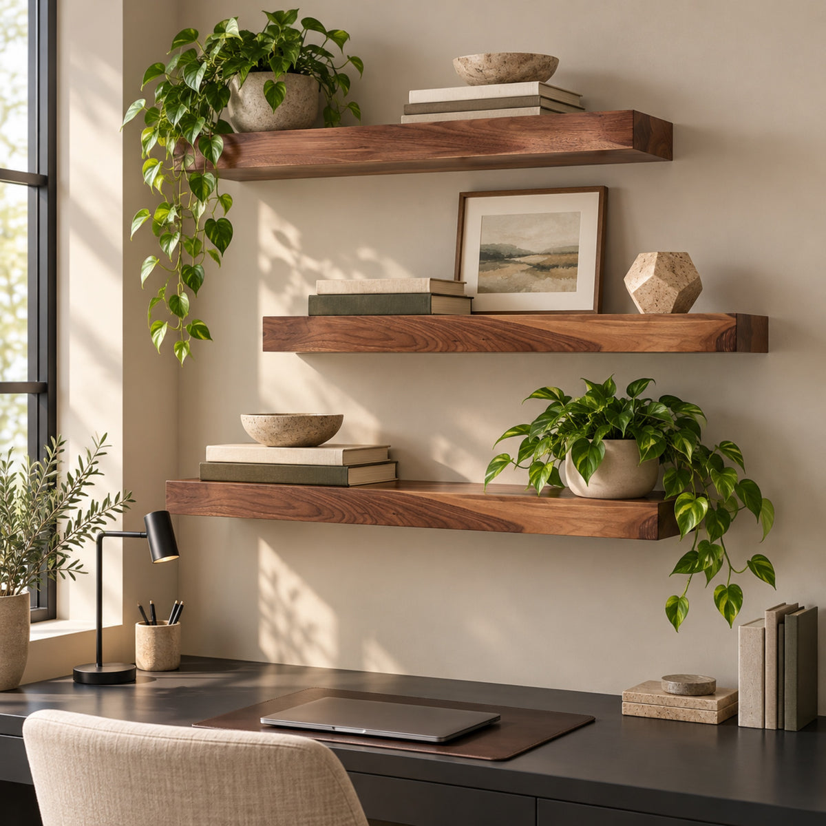 Three floating walnut shelves mounted on a beige wall above a dark desk, styled with green plants, books, bowls, and a framed print in a bright home office setting.