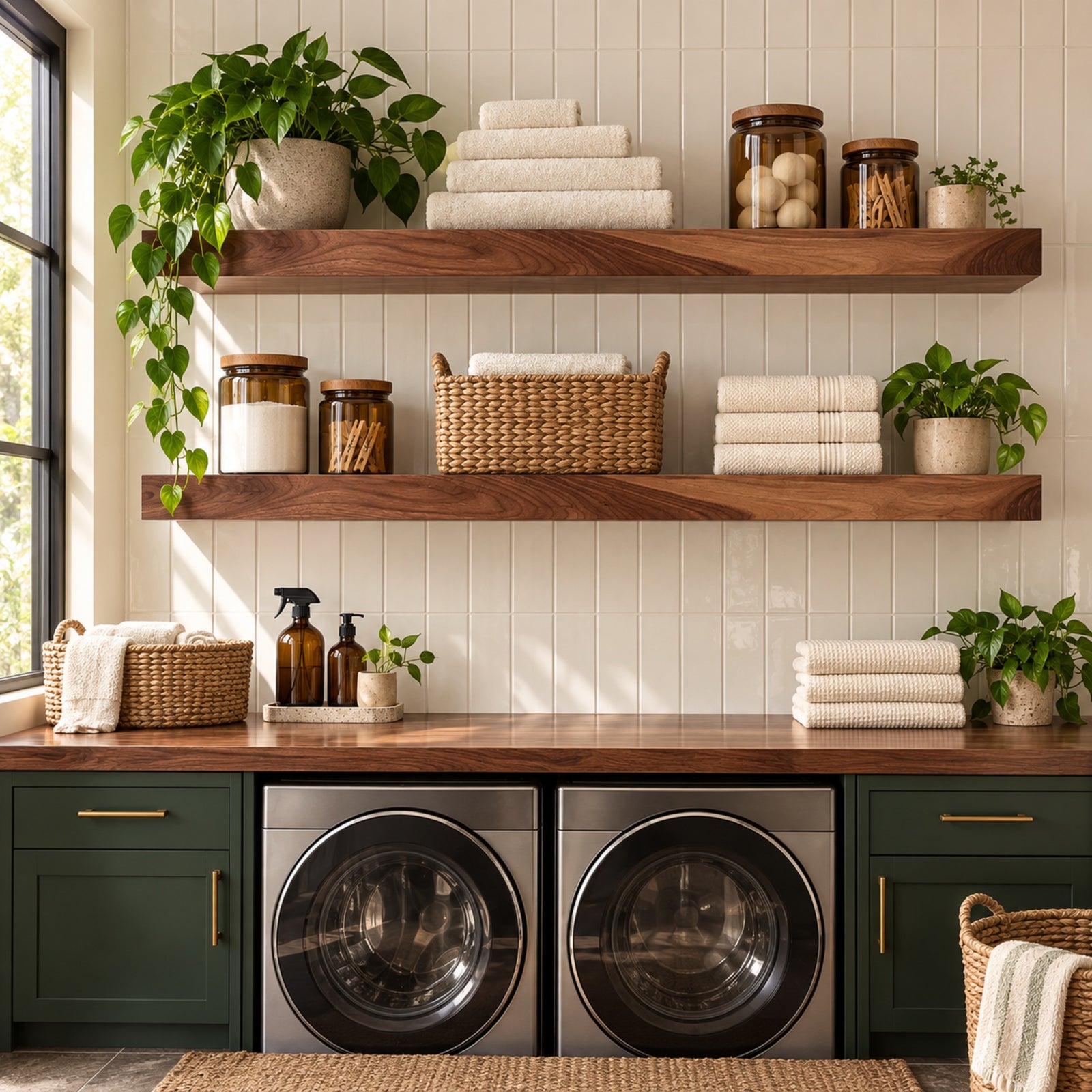 A styled laundry room corner with two front-loading washing machines under a wood countertop, dark green cabinets, two floating wooden shelves, folded white towels, wicker baskets, glass storage jars, and several potted green plants.