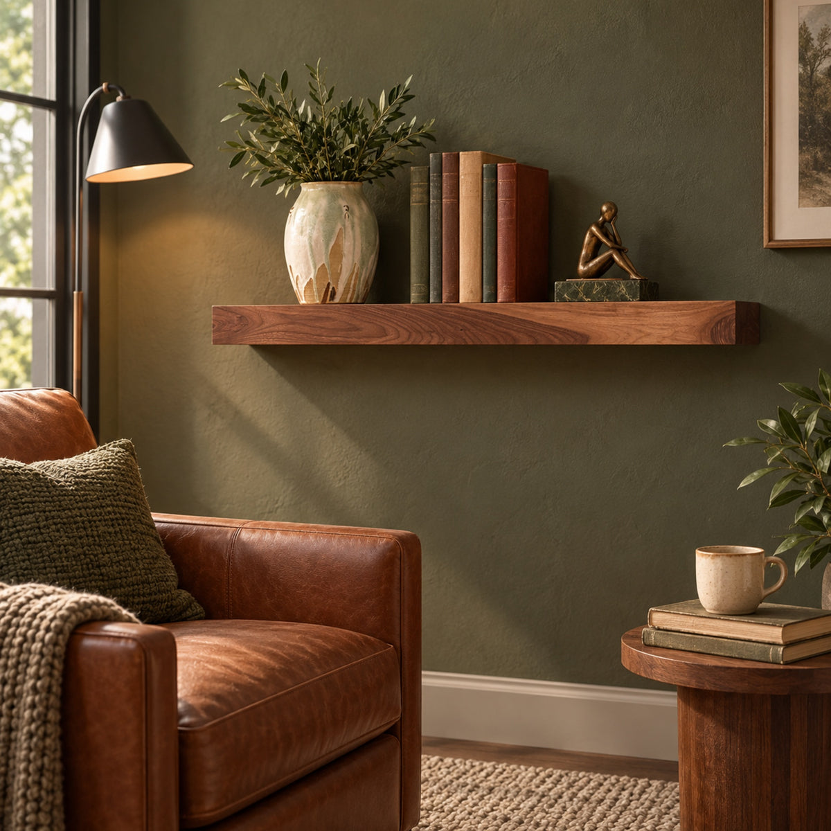 A floating wooden shelf mounted on a textured olive green wall in a cozy reading room. The shelf holds a textured ceramic vase with greenery, a set of books, and a small bronze figurine.