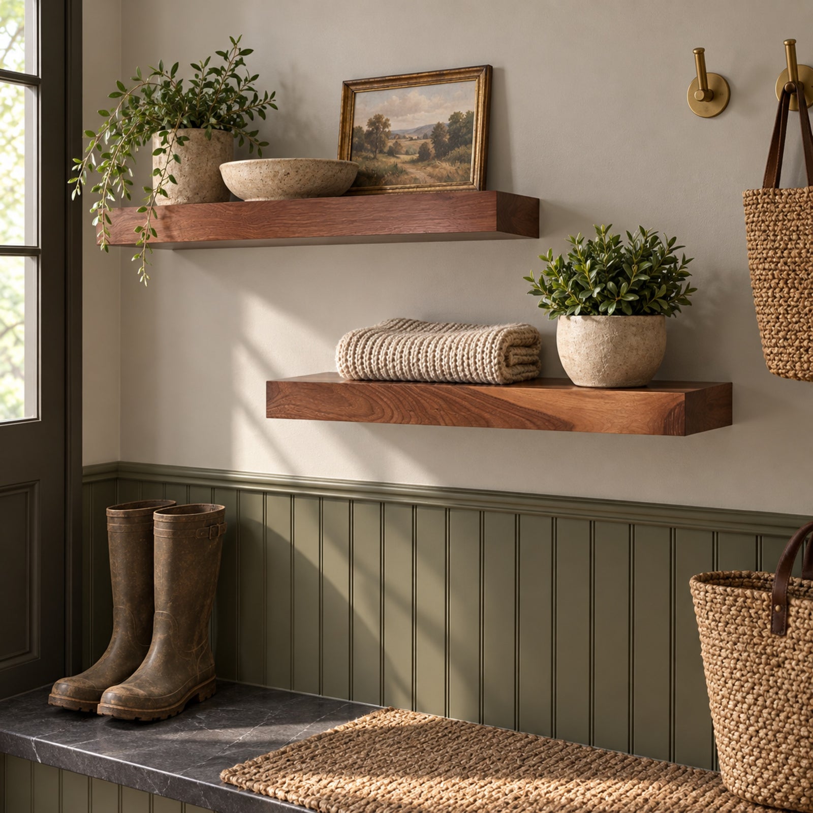 Two floating wooden shelves in a mudroom mounted on a beige wall with green wainscoting, styled with potted plants, a woven bowl, a rolled rope, a framed landscape print, brown boots, a woven basket, and a natural fiber rug.