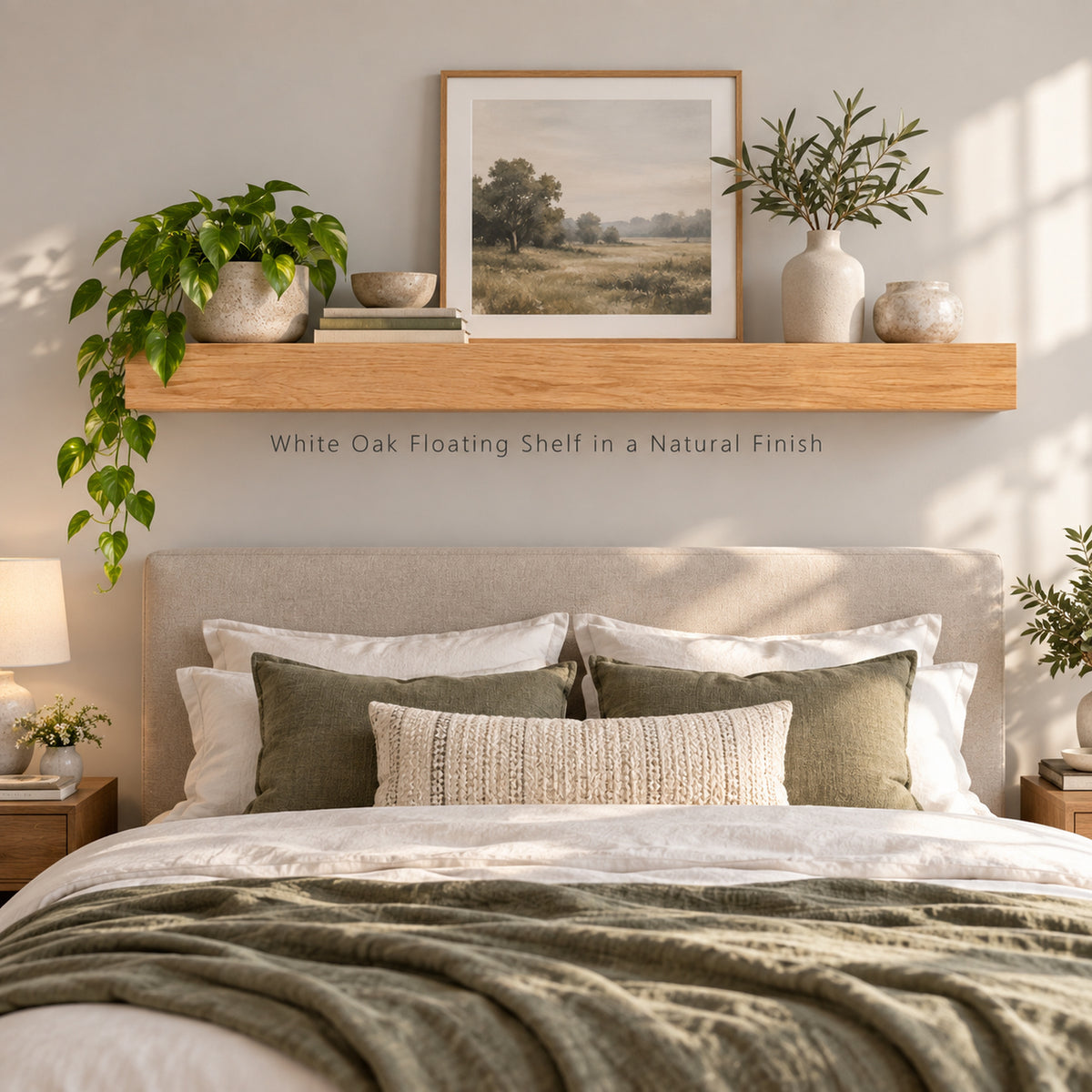 A styled bedroom scene showing a white oak floating shelf mounted above a bed. The shelf holds a framed landscape print, ceramic vases, and a trailing green plant.