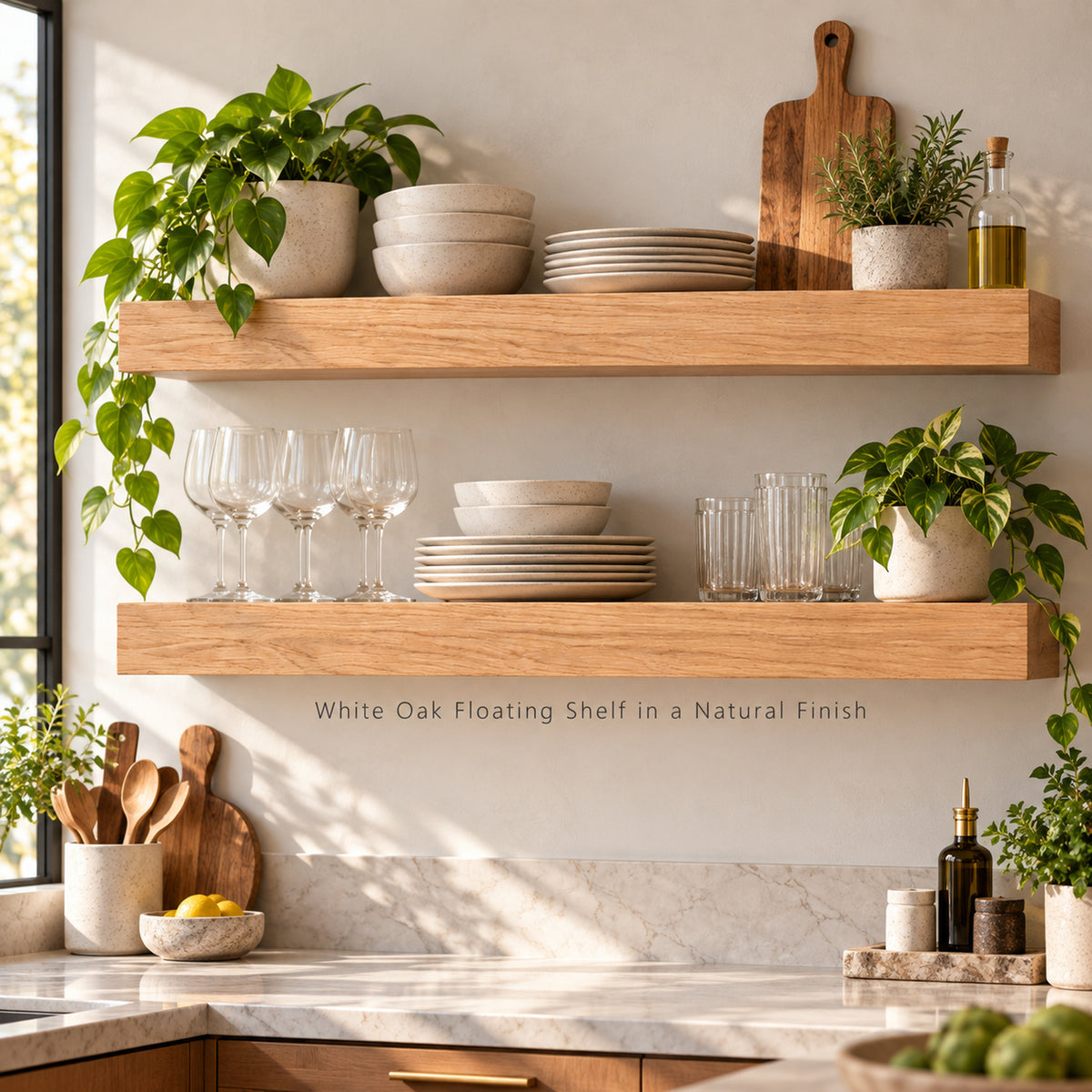 Two white oak floating shelves mounted on a light beige wall in a bright kitchen, styled with plates, bowls, wine glasses, potted green plants, and cutting boards. Text on the shelf reads 'White Oak Floating Shelf in a Natural Finish'.