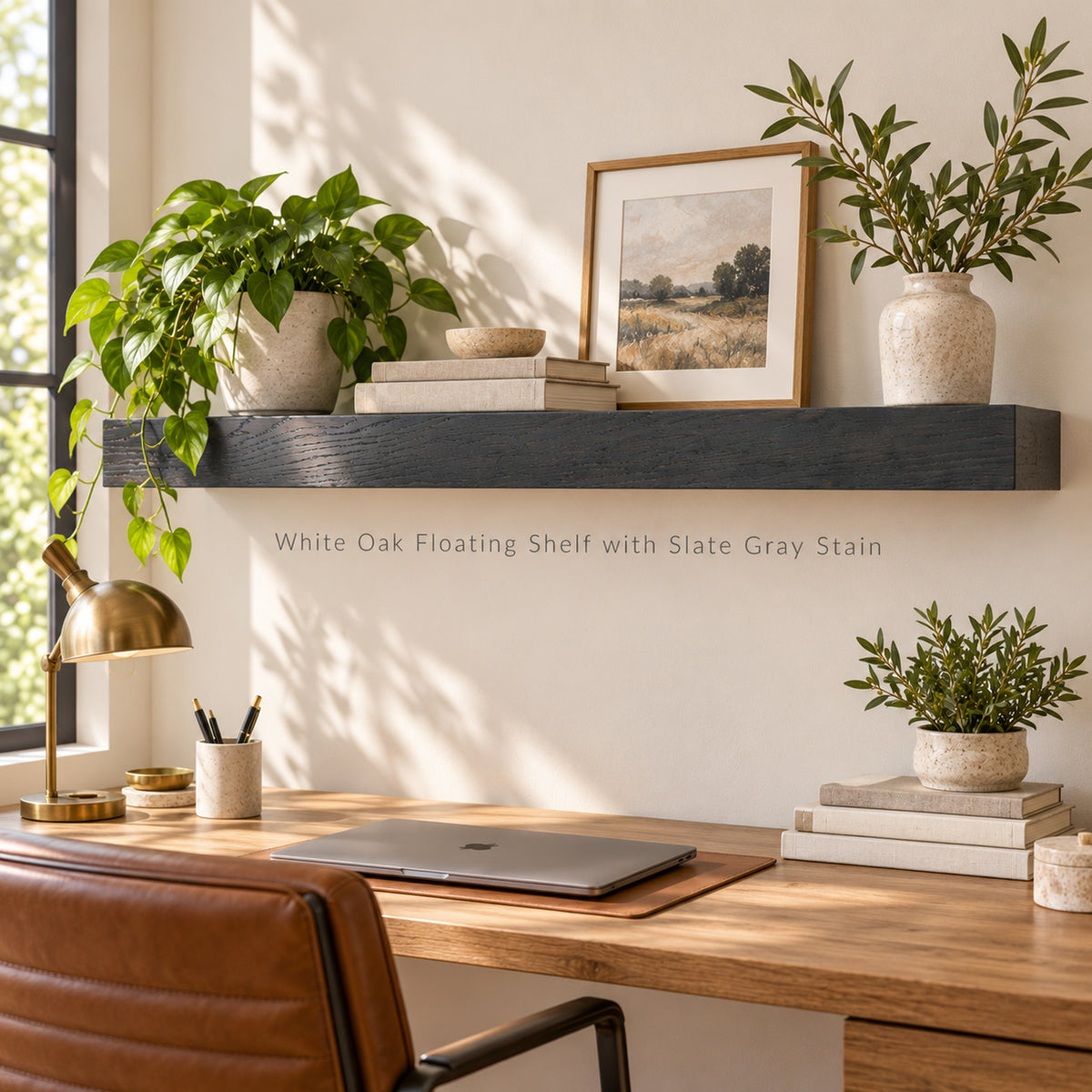 A floating wooden shelf mounted on a white wall above a desk, styled with potted plants, books, a framed print, and a brass desk lamp. The shelf is dark gray stained oak, and the scene is lit by natural sunlight with soft shadows.