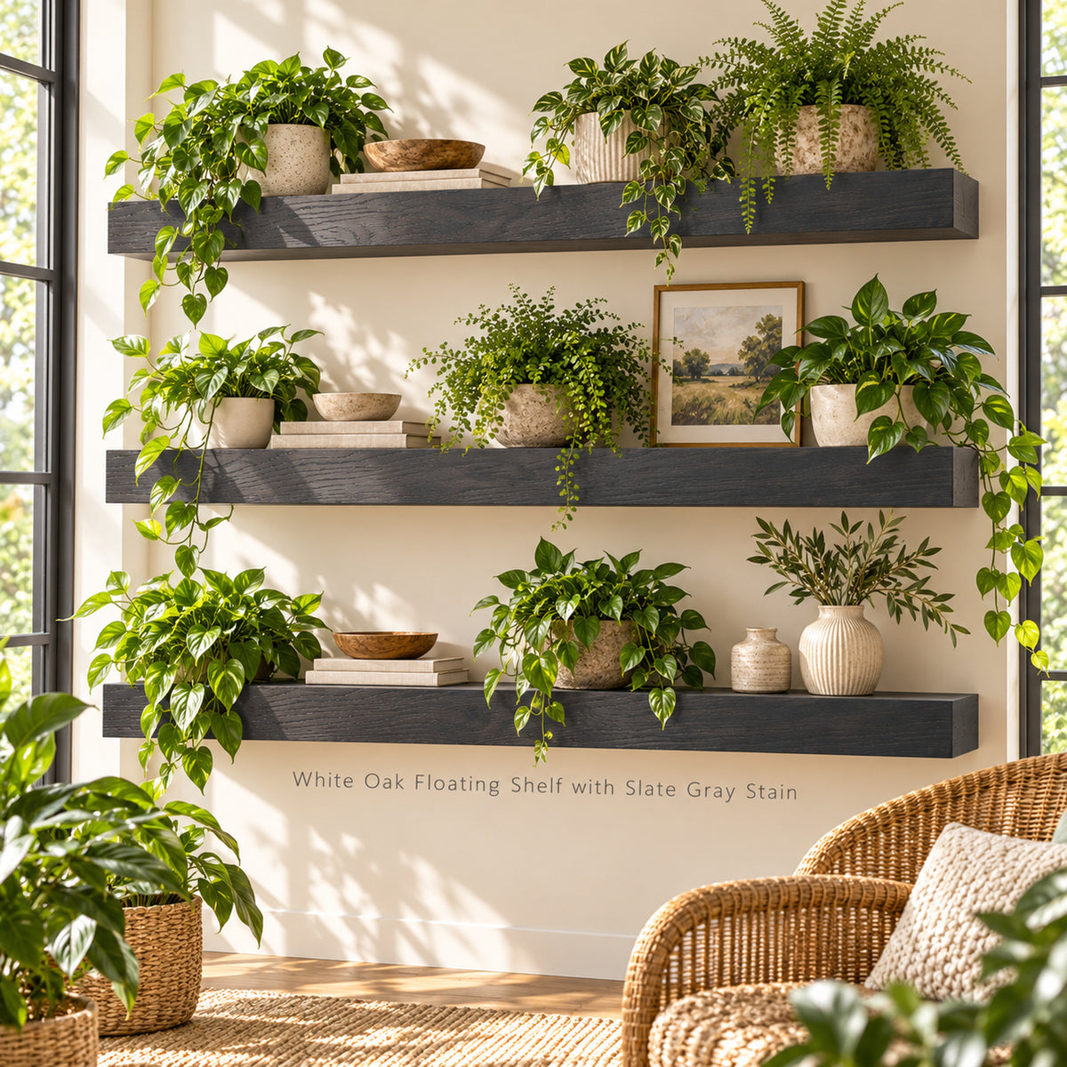 Four floating shelves mounted on a cream wall in a bright room, styled with multiple green potted plants, books, small vases, and a framed landscape print. Text on the wall reads 'White Oak Floating Shelf with Slate Gray Stain.
