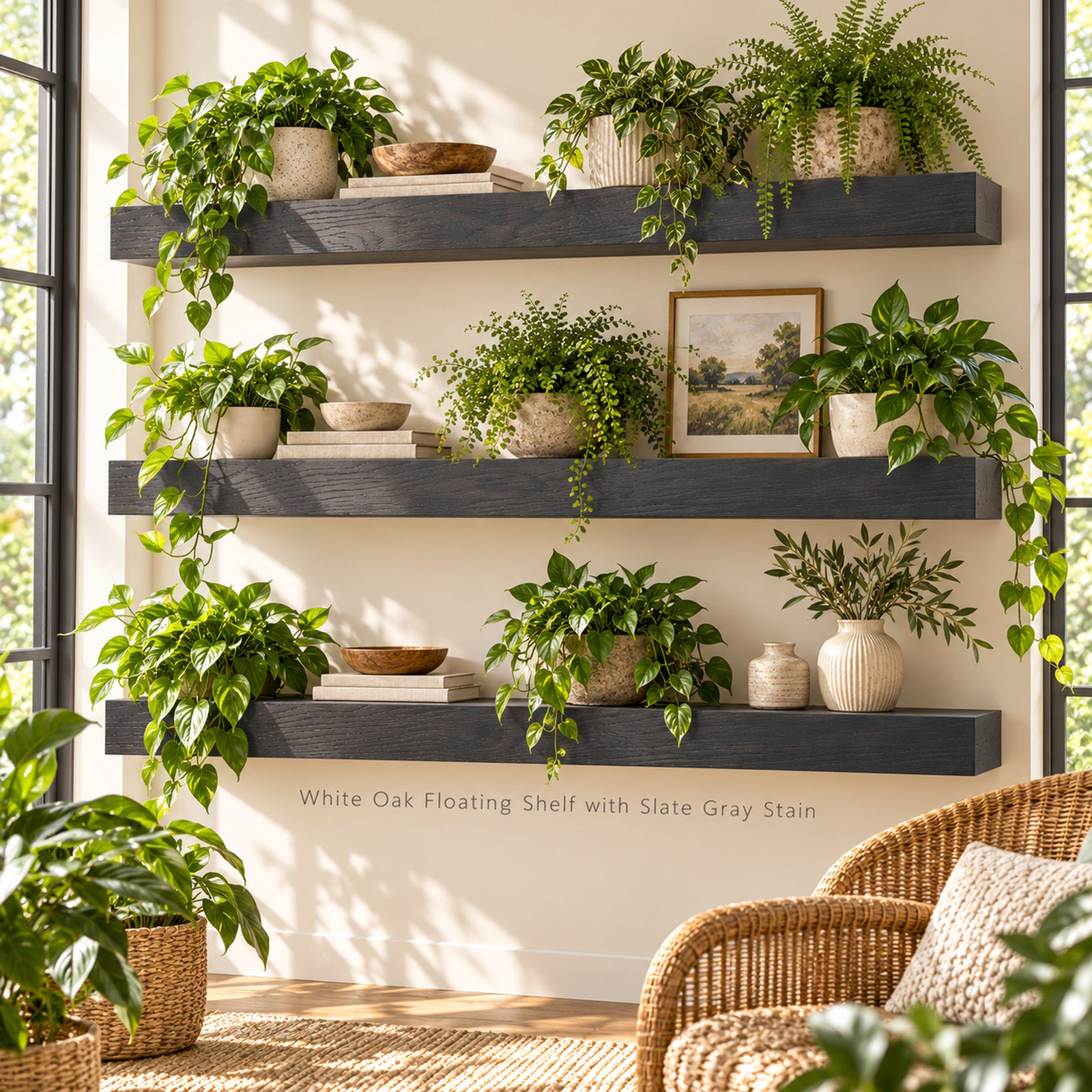 Four floating shelves mounted on a cream wall in a bright room, styled with multiple green potted plants, books, small vases, and a framed landscape print. Text on the wall reads 'White Oak Floating Shelf with Slate Gray Stain.