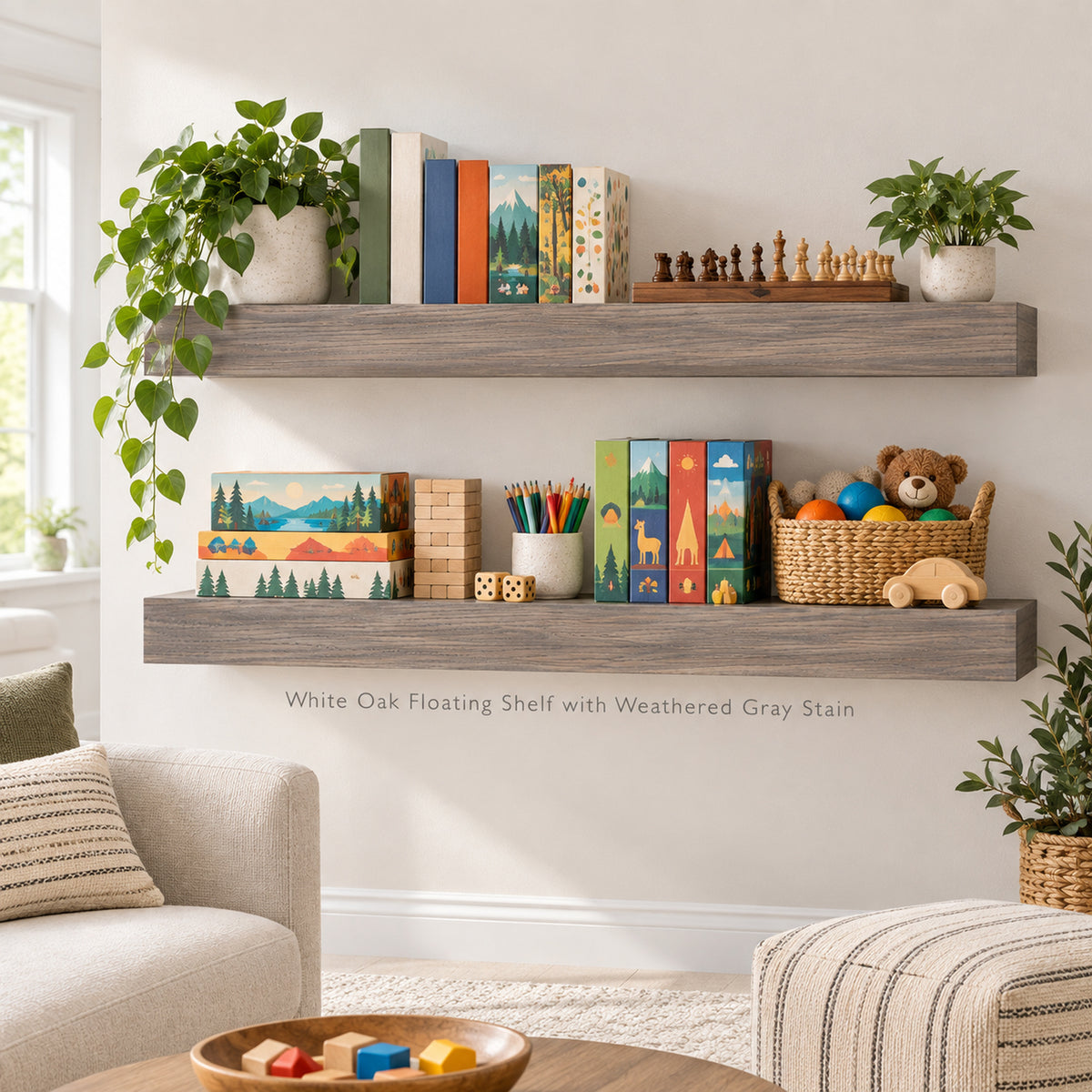 Two white oak floating shelves with a weathered gray stain styled in a cozy child's room. The shelves are decorated with books, potted plants, a wooden chess set, and a wicker basket containing toys.