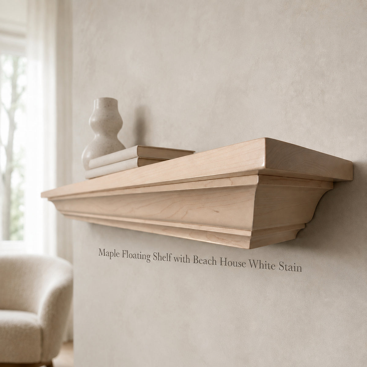 A light natural wood floating mantel shelf mounted on a textured beige wall, styled with a small vase and books. Text below reads 'Maple Floating Shelf with Beach House White Stain'.