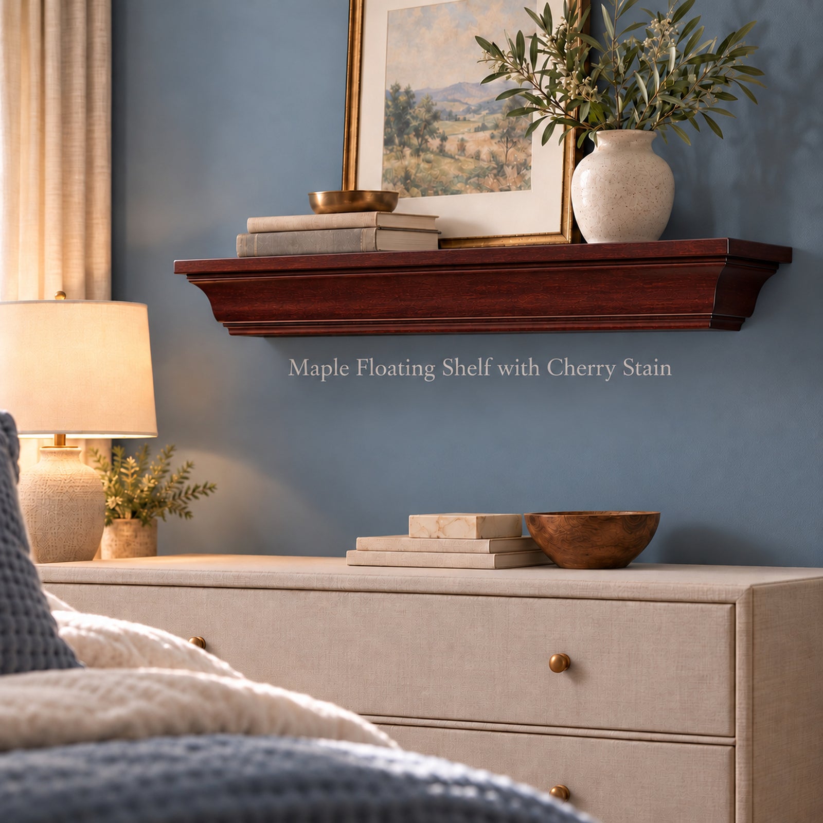 A floating wall shelf with decorative molding and a dark cherry-stained wood finish is mounted on a blue wall above a light beige dresser. The shelf is styled with books, a small bowl, and a ceramic vase with greenery.