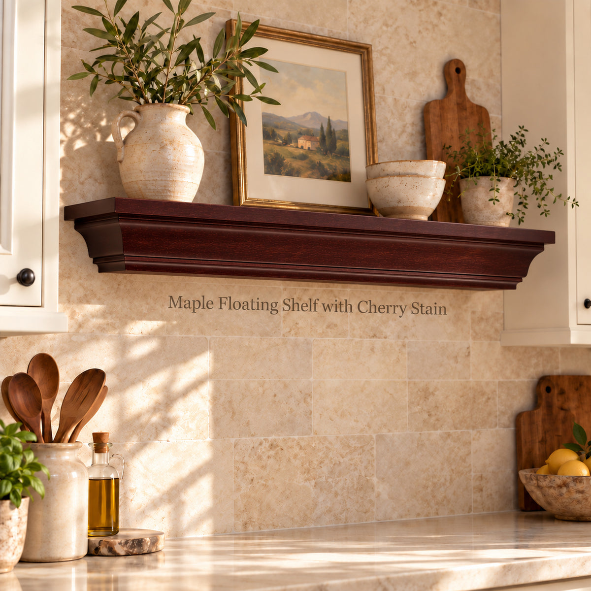 A floating mantel shelf with a dark cherry wood stain is mounted on a beige stone backsplash in a bright kitchen. The shelf is styled with ceramic vases, potted greenery, a framed landscape print, and a wooden cutting board.