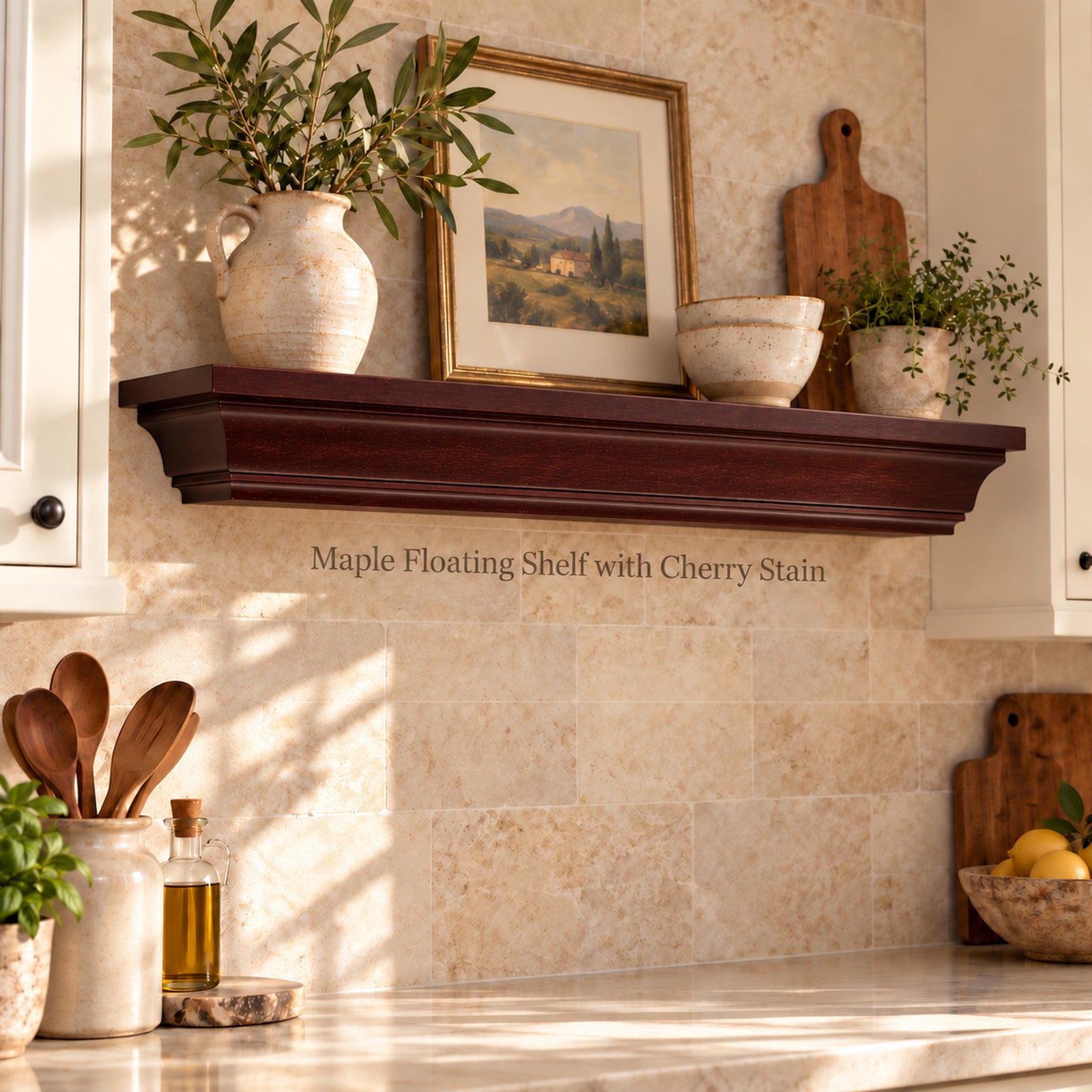 A floating mantel shelf with a dark cherry wood stain is mounted on a beige stone backsplash in a bright kitchen. The shelf is styled with ceramic vases, potted greenery, a framed landscape print, and a wooden cutting board.