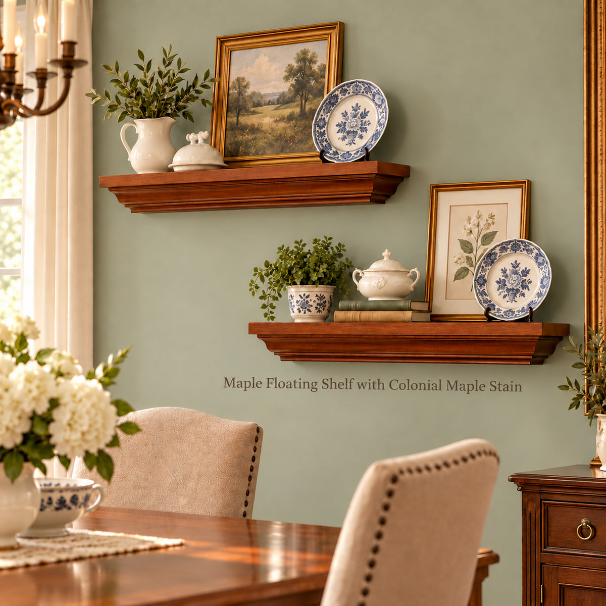 Colonial maple floating crown mantel shelves styled in a dining room setting, holding framed art, ceramic pitchers, and blue-and-white plates against a sage green wall.
