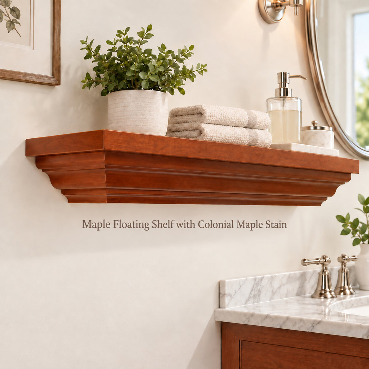 A floating crown molding shelf in a warm medium-brown maple finish, styled with a potted green plant, folded beige towels, and a soap dispenser in a bathroom setting. Text below reads 'Maple Floating Shelf with Colonial Maple Stain'.