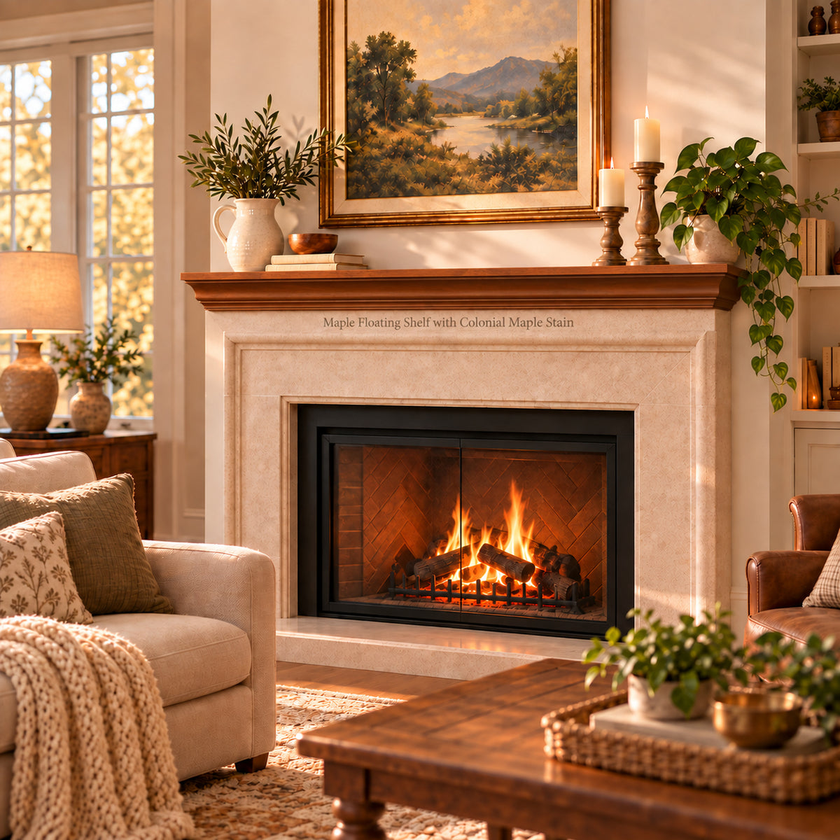 A rich solid wood fireplace mantel in a warm, styled living room. The fireplace has a cream-colored stone surrounding a dark metal firebox containing a glowing fire.