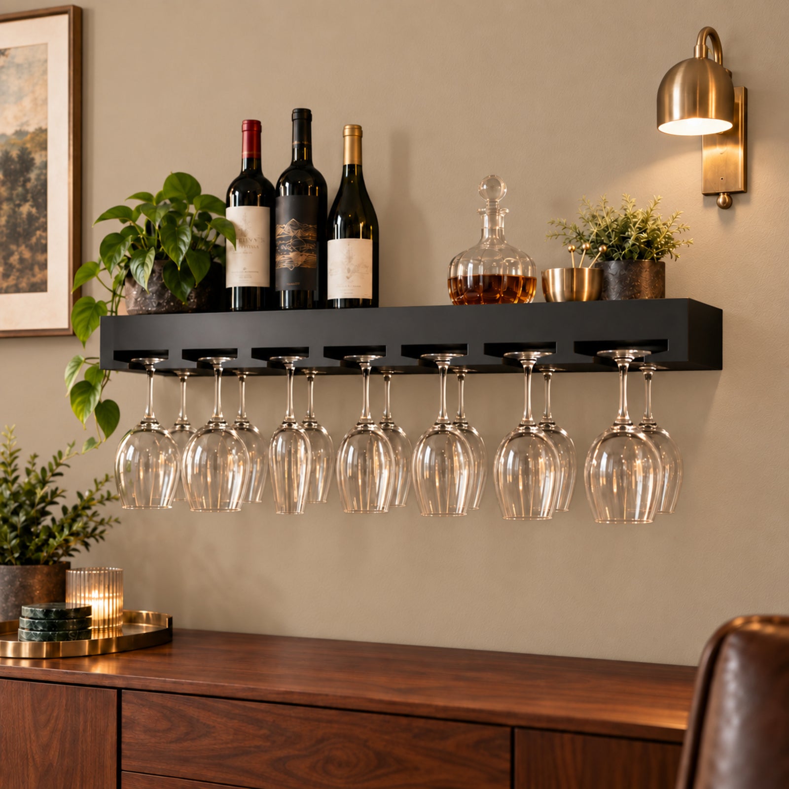 A black wall-mounted wine glass holder shelf with multiple clear stemmed wine glasses hanging underneath, styled in a home bar setting above a wooden console table with wine bottles, plants, and a brass sconce on the wall.