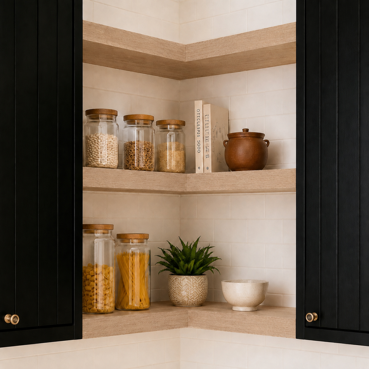 White Oak corner floating shelves in a modern black kitchen