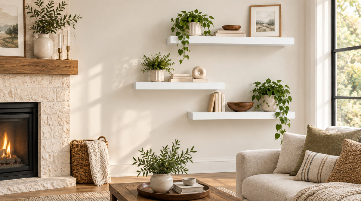 A styled living room scene with three white floating shelves mounted on a cream wall, holding potted green plants, books, and small decor items. A fireplace with a wood mantel is visible on the left, and part of a light beige sofa with patterned pillows appears on the right.