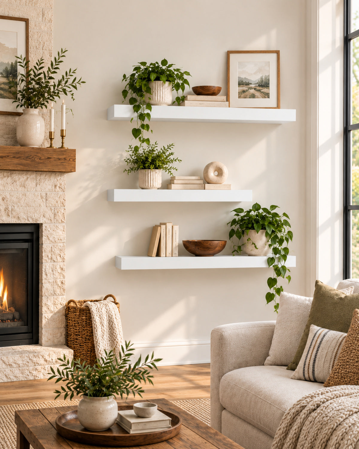 A styled living room corner with three white floating shelves mounted on a cream wall, decorated with potted green plants, books, and small bowls. A fireplace with a stone surround is visible on the left, and part of a light beige sofa with pillows appears on the right.