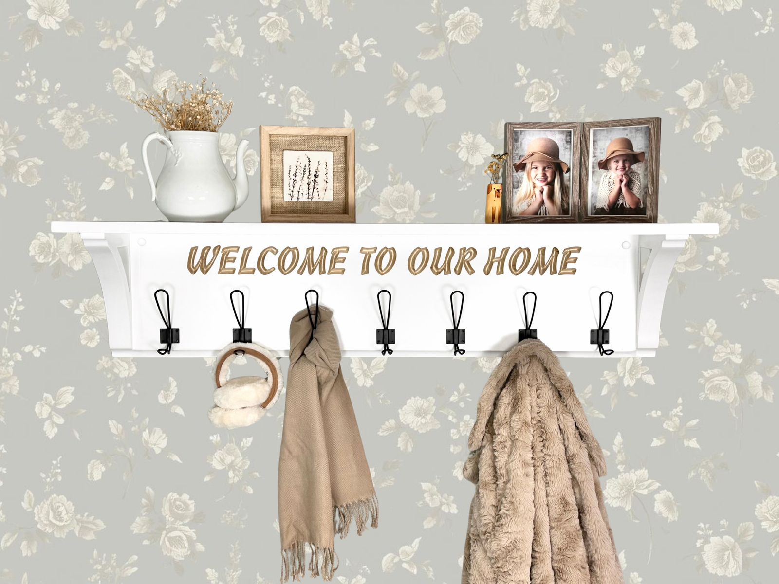 Personalized Entryway Shelf with Black Hooks | Mudroom Coat Rack