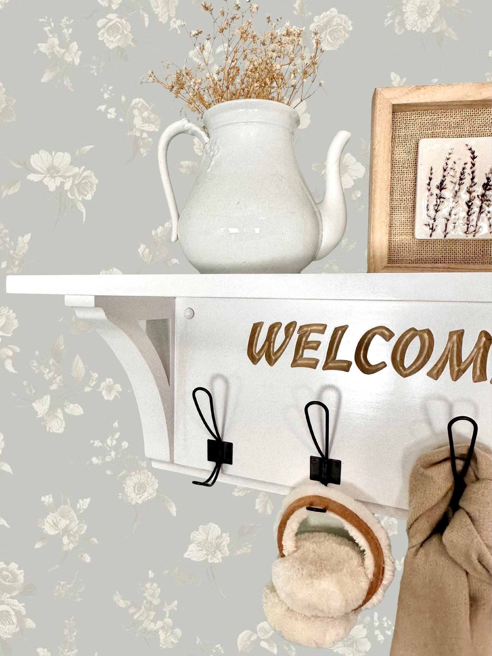 Personalized Entryway Shelf with Black Hooks | Mudroom Coat Rack