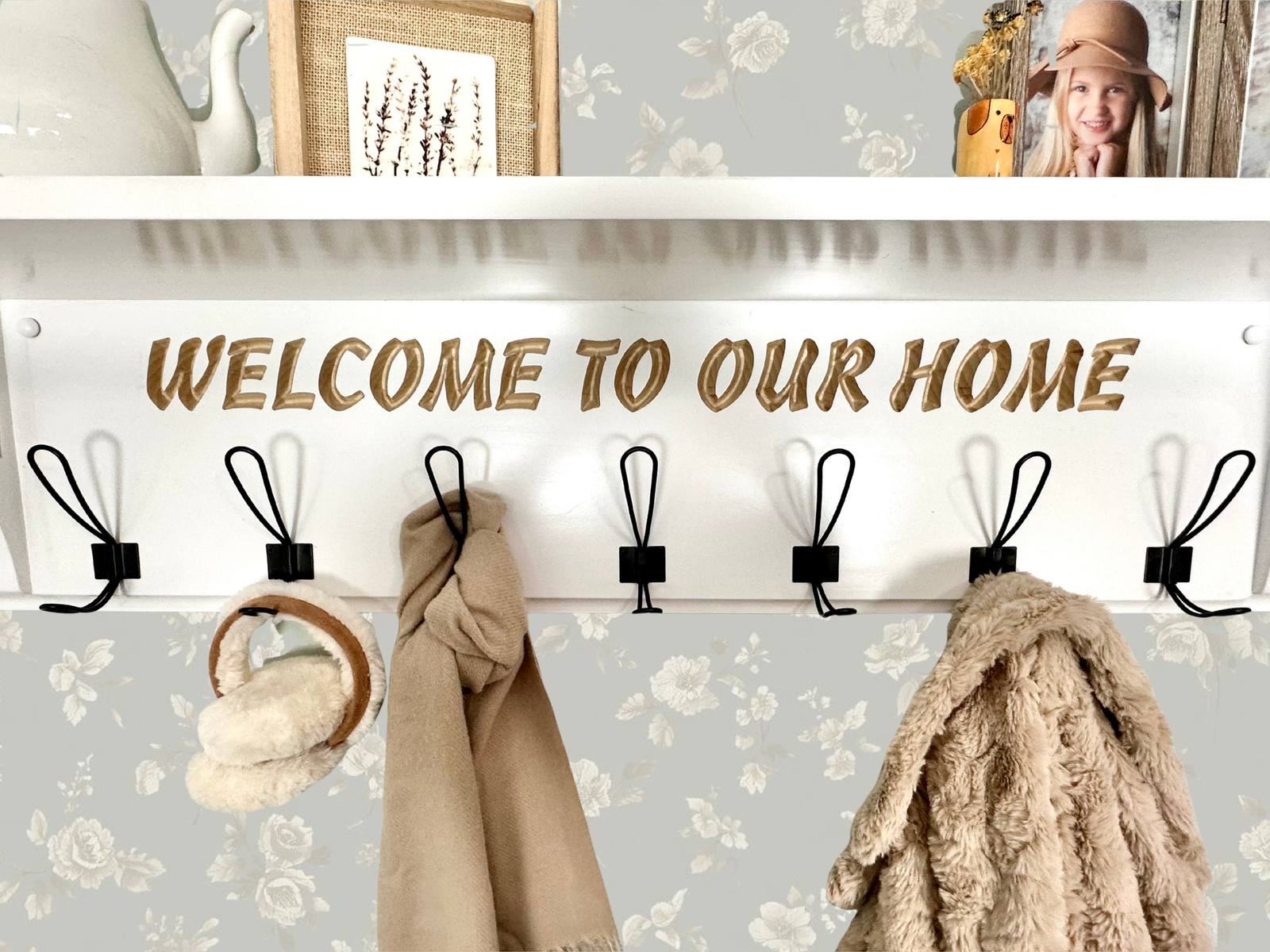 Personalized Entryway Shelf with Black Hooks | Mudroom Coat Rack