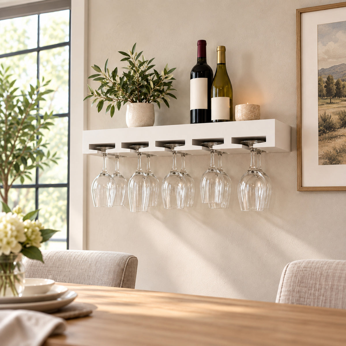 A white wall-mounted wine glass holder with twelve clear stemmed glasses, mounted on a beige wall in a dining room setting with wine bottles and a potted plant on top.