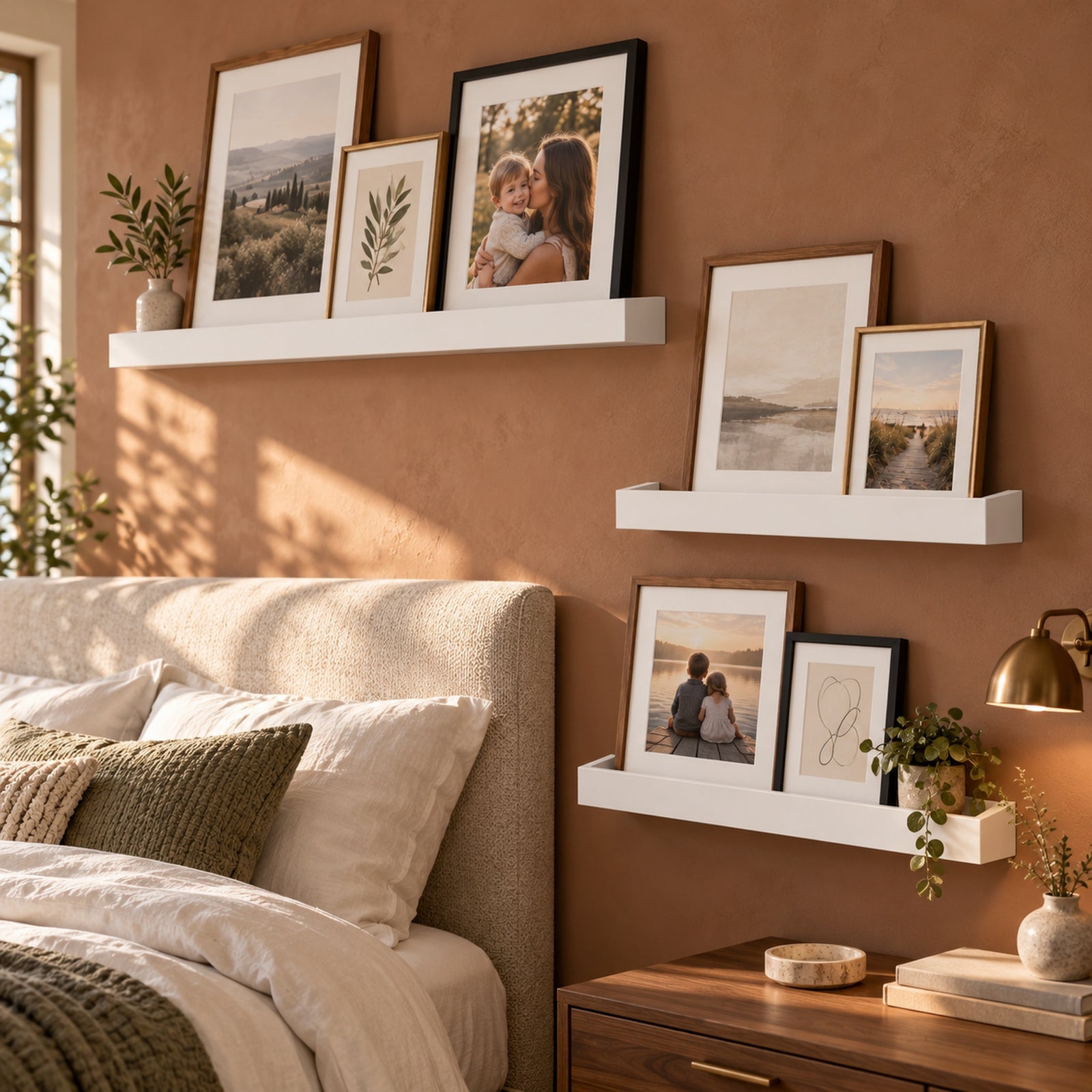 White floating picture ledge shelves with family photos styled in a warm, rustic bedroom setting with a beige upholstered bed, wooden nightstand, and terracotta-colored wall.