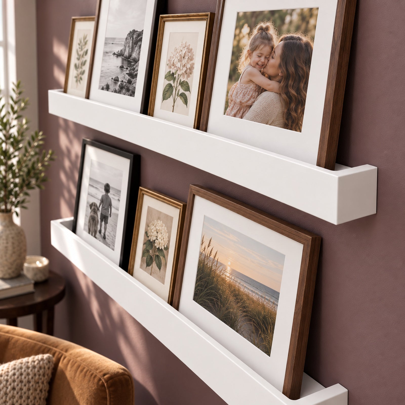 Two white floating ledge shelves mounted on a mauve wall, styled with multiple framed family photographs and botanical prints. A portion of a brown velvet armchair and a potted plant are visible in the foreground and left side.