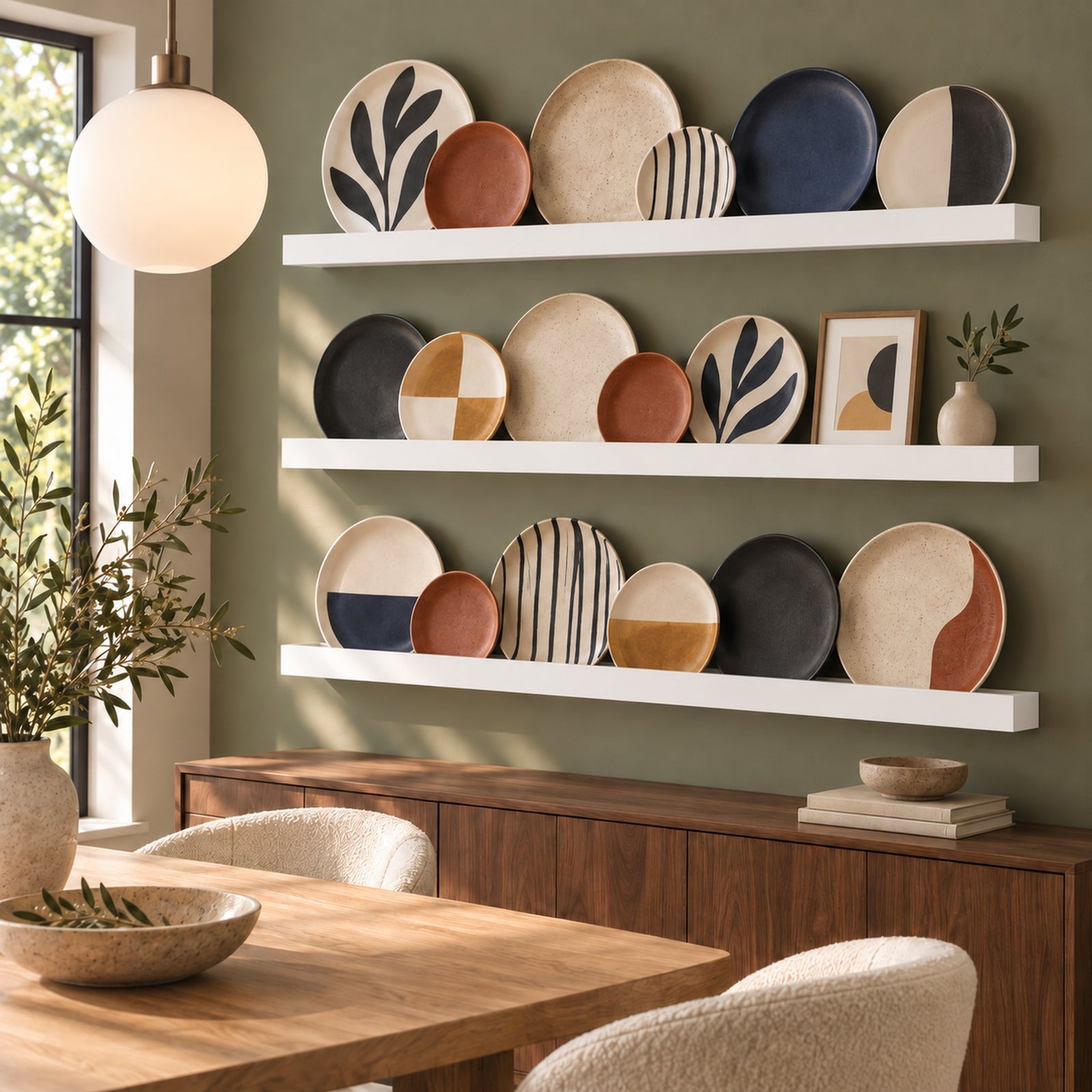 A styled dining room scene with three white ledge shelves mounted on an olive green wall, displaying a collection of hand-painted ceramic plates and a small framed art print. The plates feature abstract patterns in cream, terracotta, navy blue, and black.