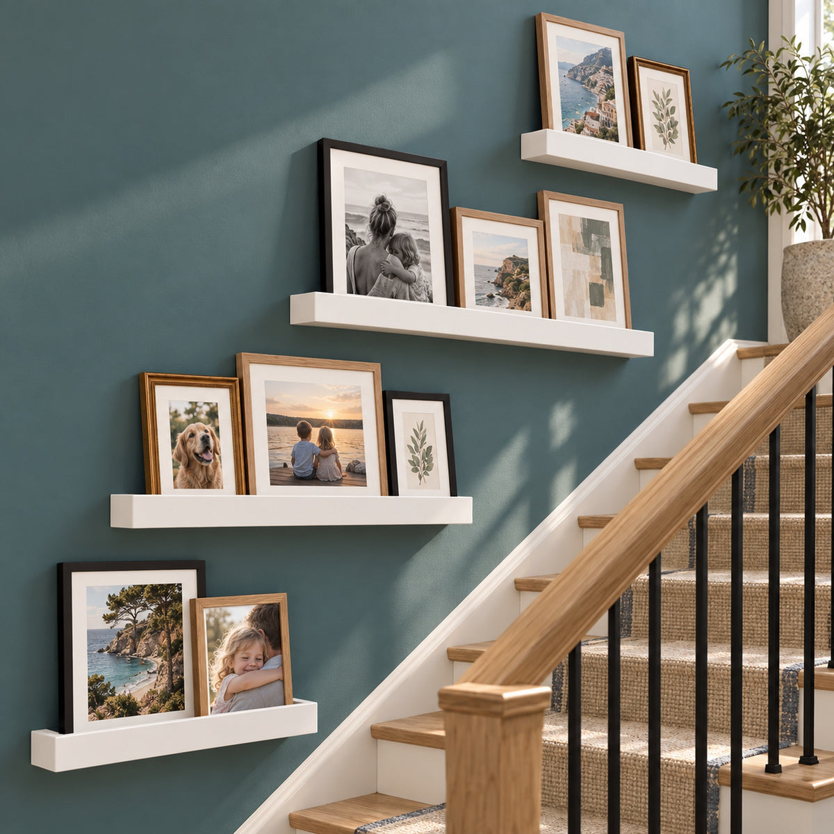 White floating ledge shelves mounted on a teal wall beside a wooden staircase, displaying framed family and nature photographs.