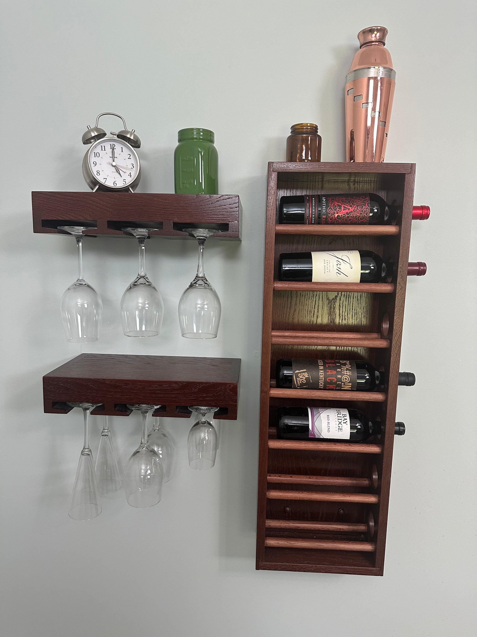 Stained Oak Floating Wine Bottle Rack with Rods