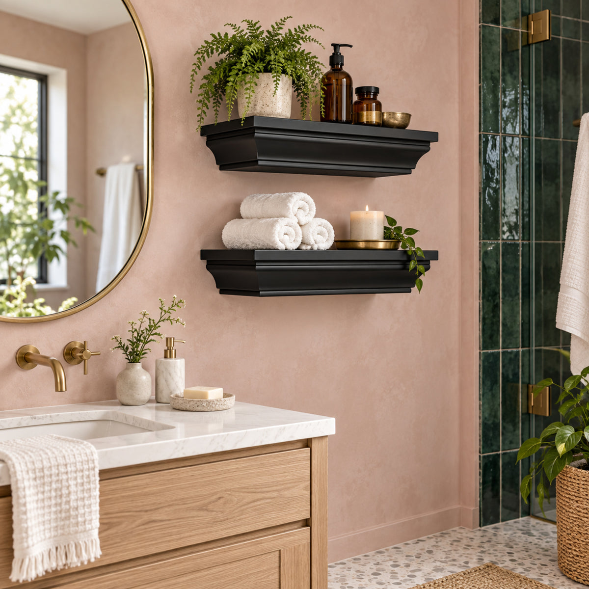 A styled bathroom scene with a wooden vanity, white marble countertop, round gold-framed mirror, two black painted crown mantel floating shelves, green plants, white towels, and a candle against a blush pink wall.