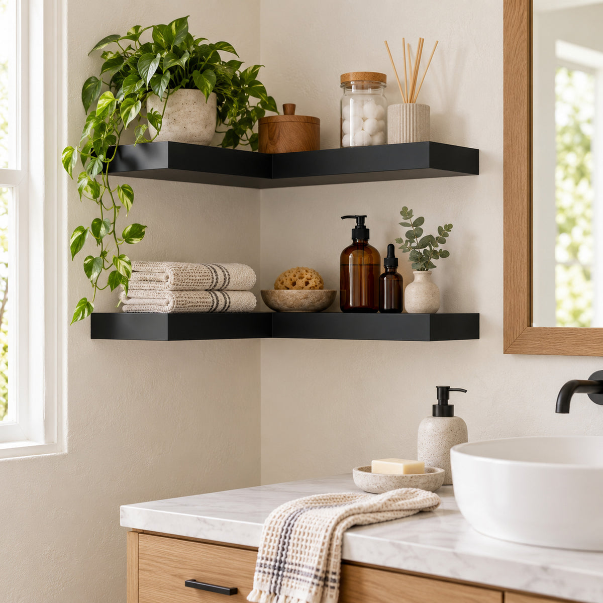 Black floating corner shelves mounted on a beige bathroom wall above a marble countertop, styled with plants, towels, amber bottles, and bathroom accessories.