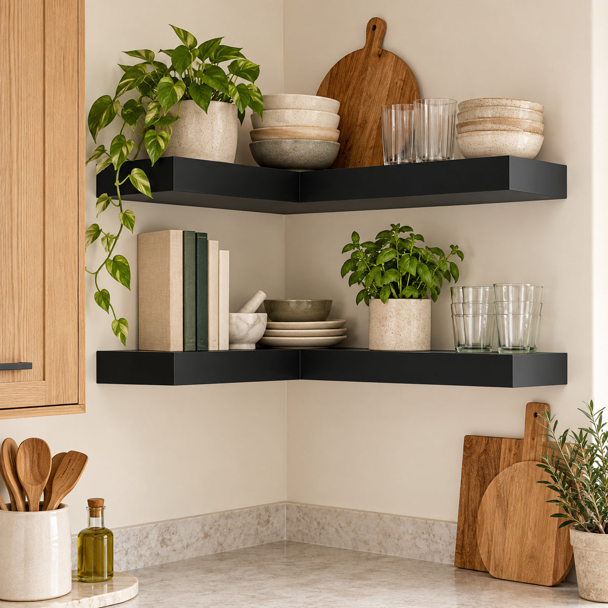 Black floating corner shelves mounted on a beige kitchen wall, styled with potted green plants, stacked ceramic bowls, glass cups, books, and wooden cutting boards and spoons.