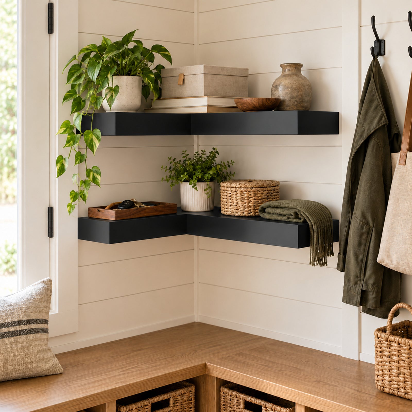 Black corner shelves on off-white shiplap in a mudroom, styled with books, plants and decorative items. There is a wooden L-shaped seat under them with basket storage