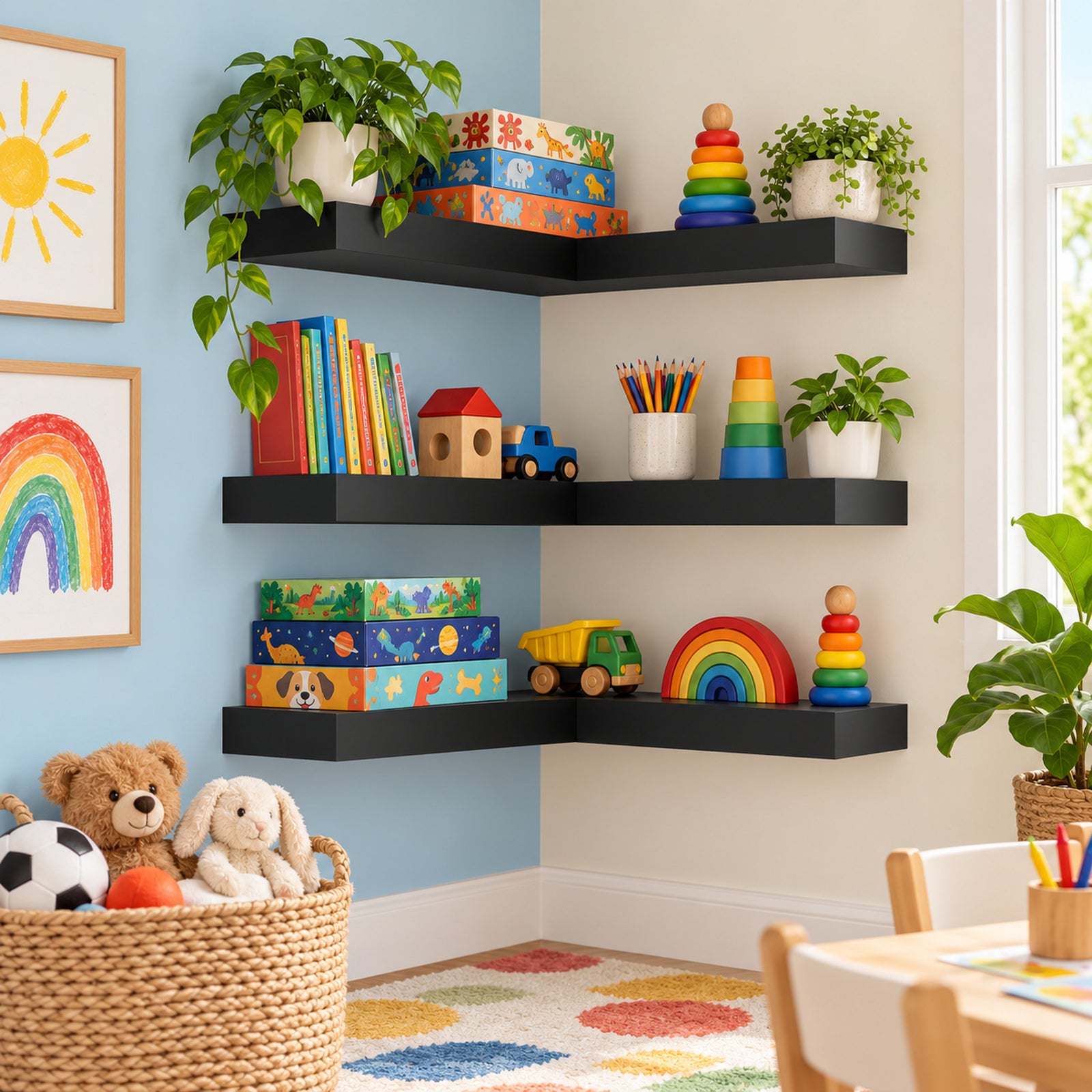 A styled children's room corner with black corner shelves holding colorful toys, books, potted plants, and rainbow-themed items against a light blue and beige wall.