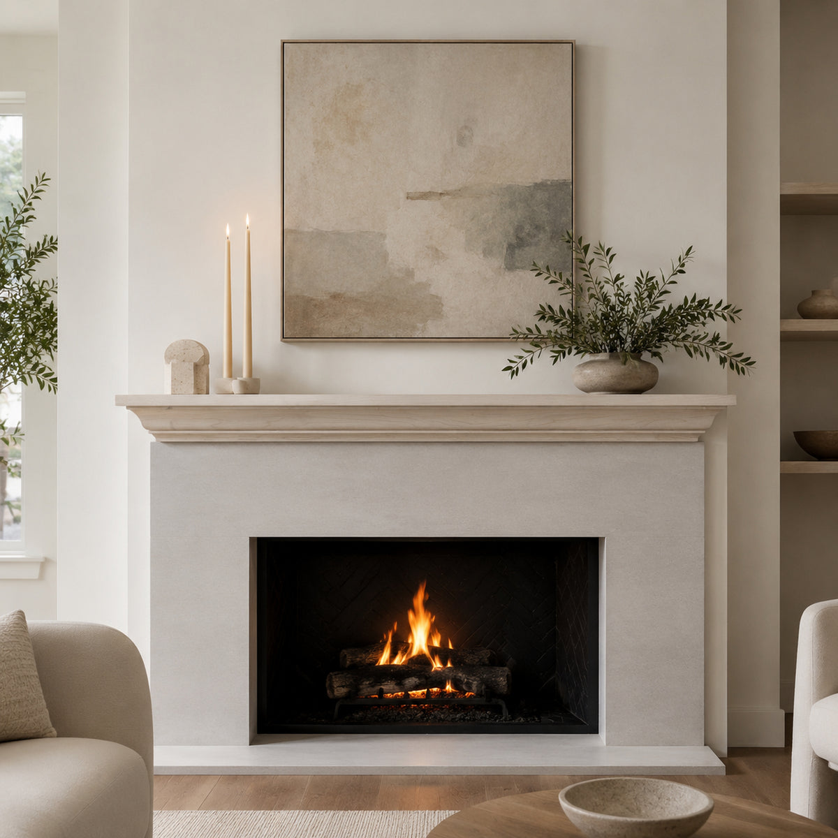 A light stained wooden fireplace mantel over a light stone or concrete fireplace, styled in a warm living room setting with a lit fire inside. Above the fireplace is a large abstract canvas print, flanked by candles and a potted green plant on the mantel.