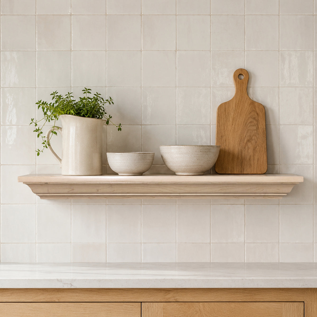 A light natural wood floating shelf mounted on a cream-colored tiled kitchen wall, styled with a cream ceramic pitcher containing green herbs, two matching cream ceramic bowls, and a wooden cutting board.