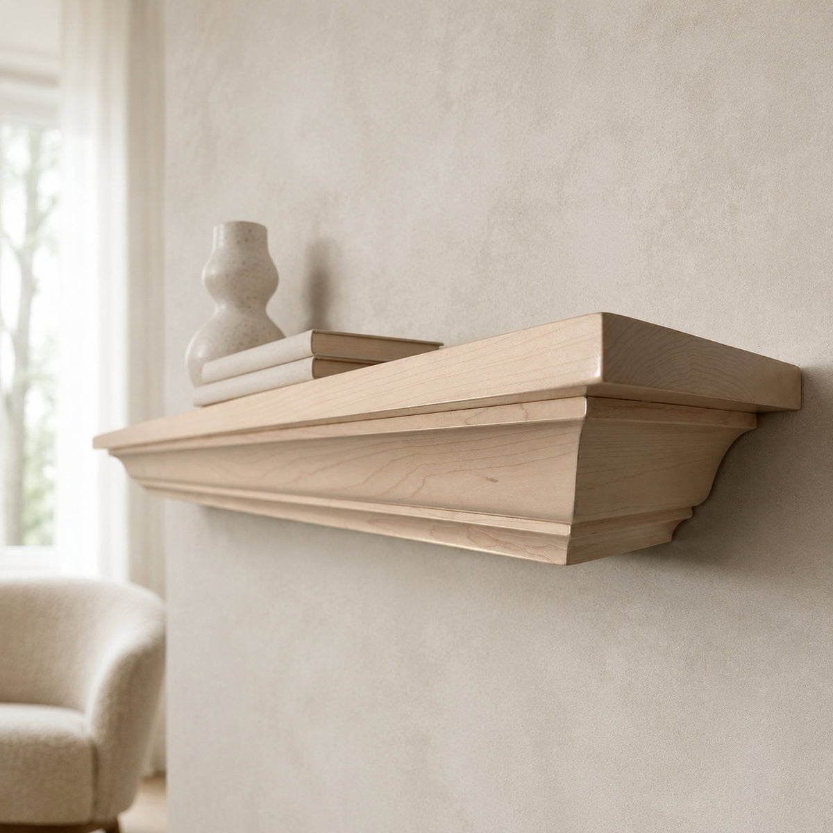A light natural wood wall shelf mounted on a textured beige wall, styled with a small vase and books, with a softly blurred armchair and window in the background.