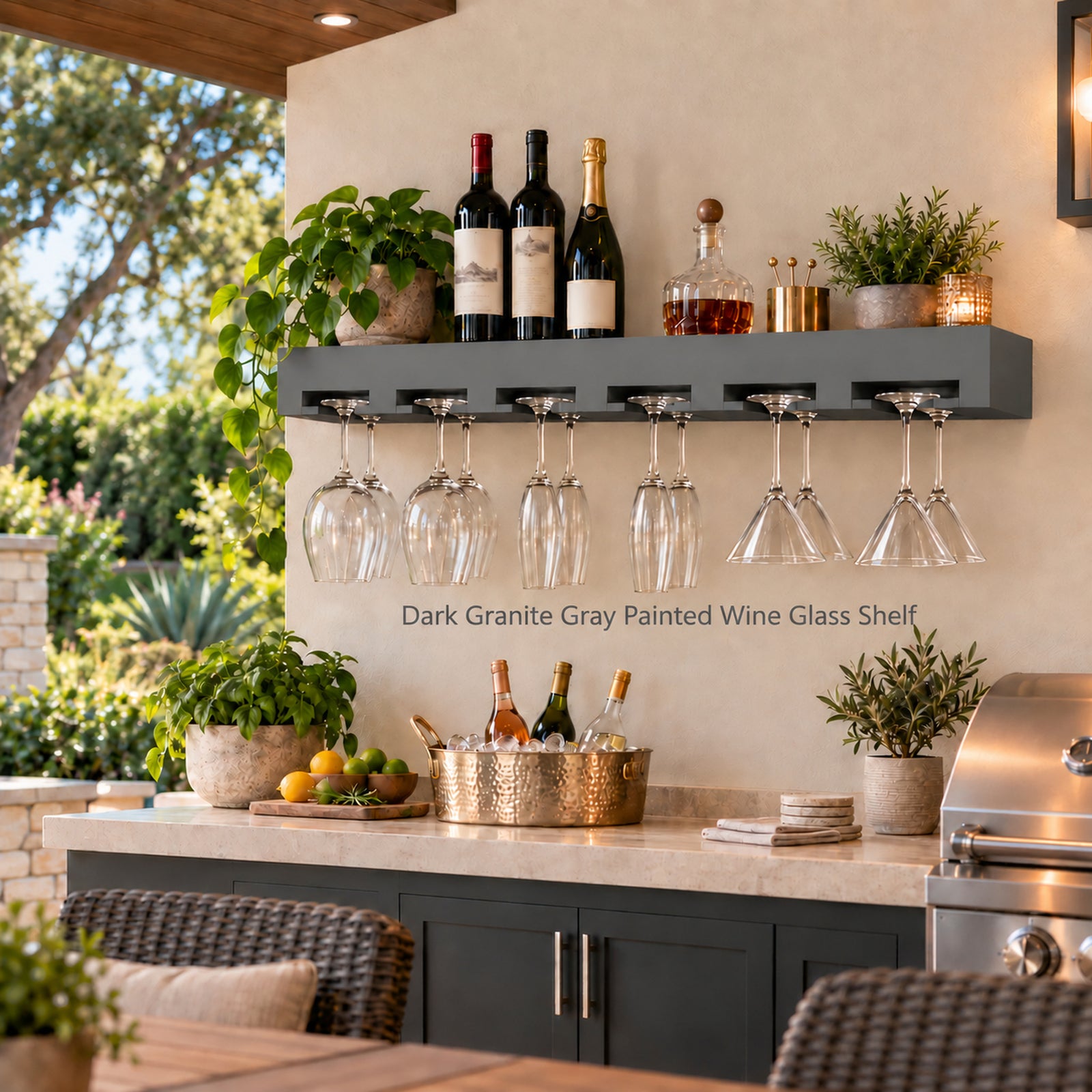 A dark gray painted wine glass shelf mounted on an outdoor patio bar wall, holding several wine glasses and other stemware, styled with bottles, plants, and a copper bucket on a marble counter.
