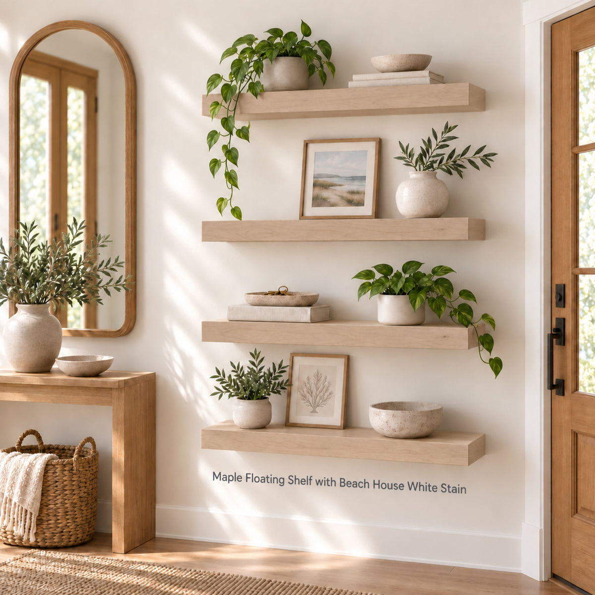 Four maple floating wall shelves in a light natural wood finish with beach house white stain, styled with potted green plants, books, and framed art on a cream-colored wall in a bright room.
