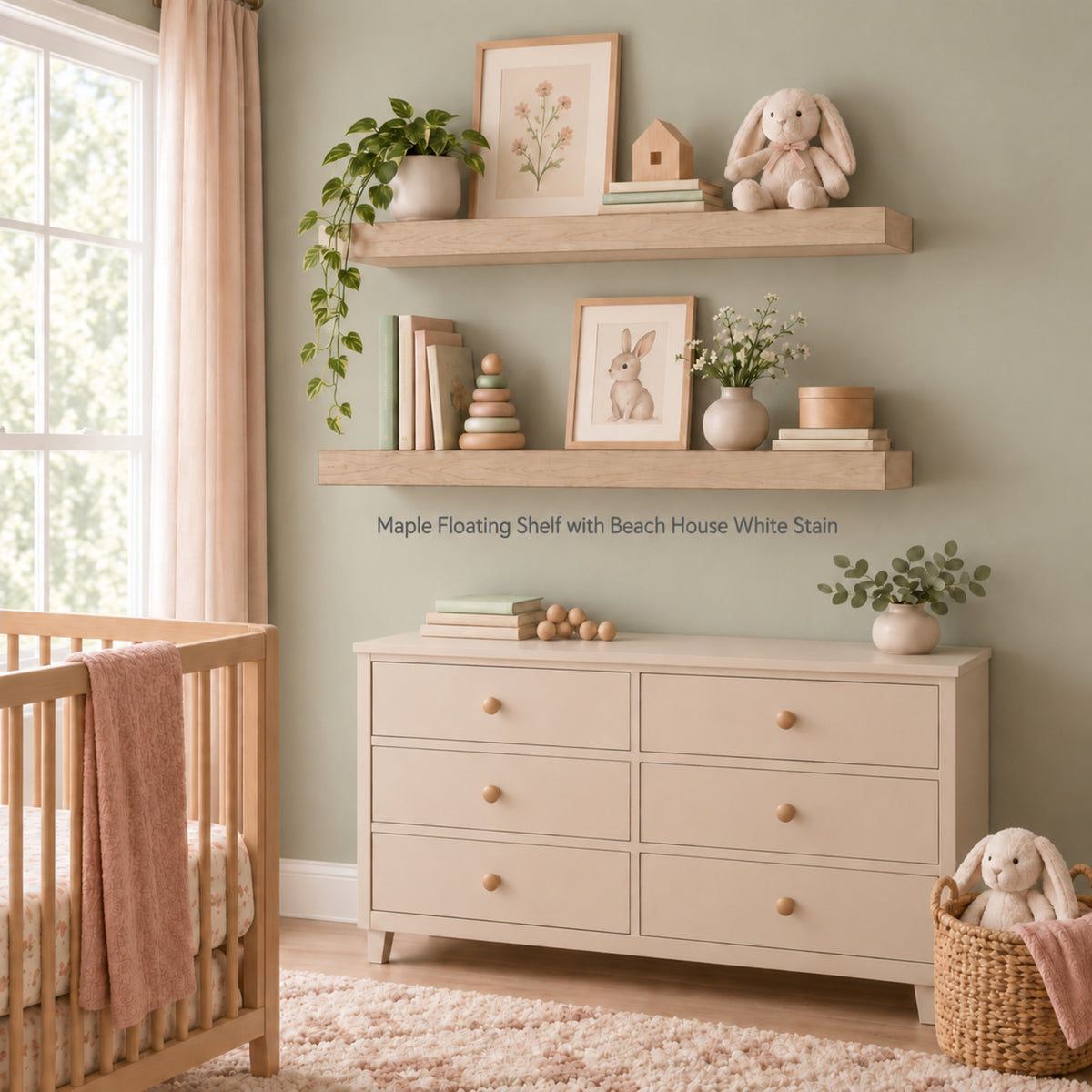 A styled nursery room showing a light wood dresser and two floating shelves with decorative items. Text on the wall reads 'Maple Floating Shelf with Beach House White Stain.