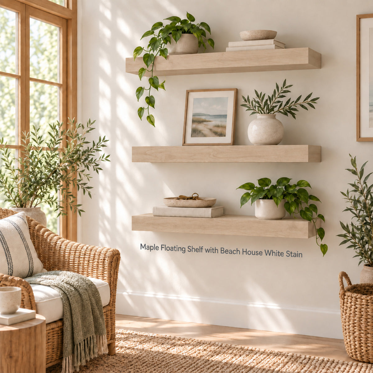 Three light maple floating shelves with beach house white stain displayed on a cream wall in a bright, sunlit room. The shelves are styled with potted green plants, books, and a framed picture, with a wicker armchair and plants visible in the foreground and background.