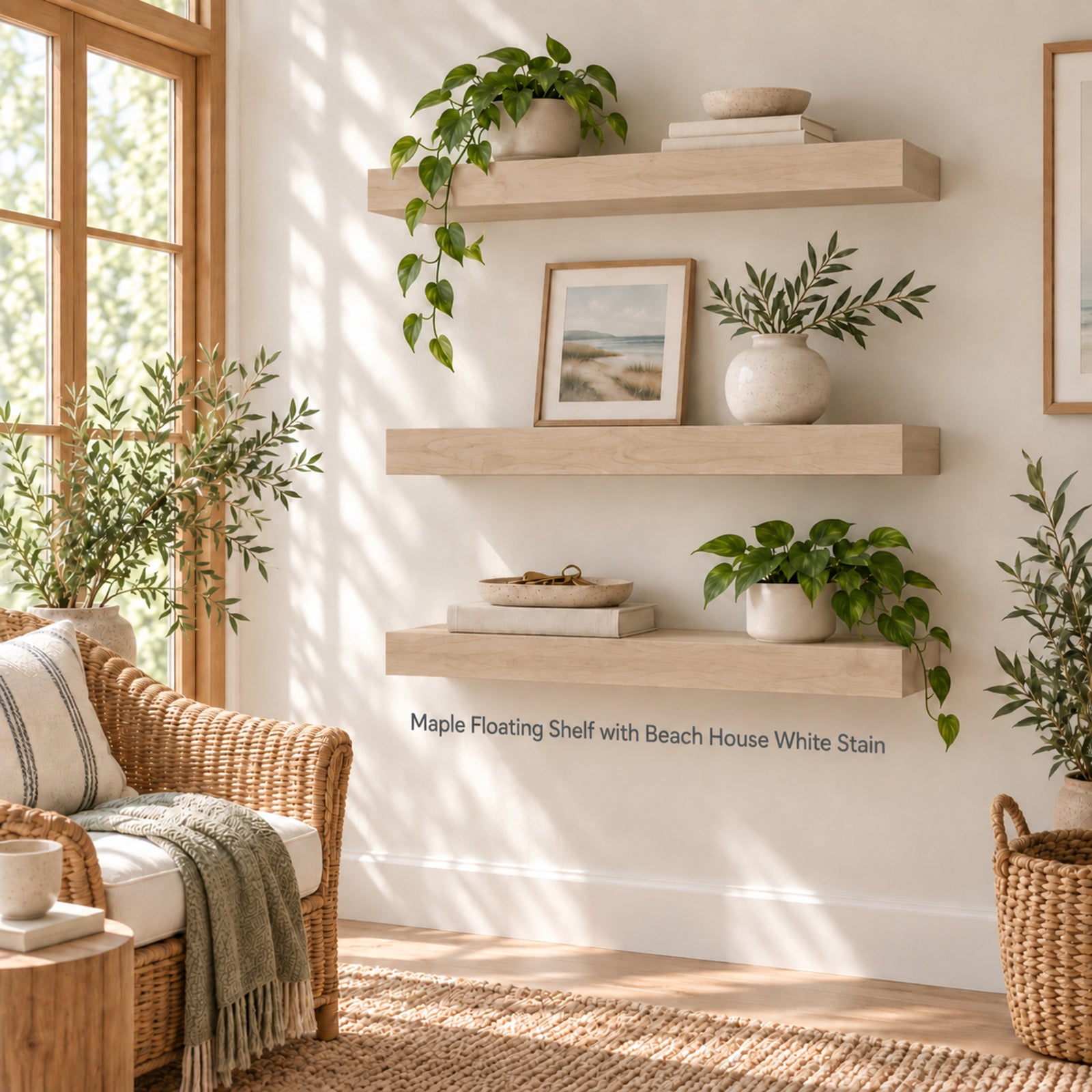 Three light maple floating shelves with beach house white stain displayed on a cream wall in a bright, sunlit room. The shelves are styled with potted green plants, books, and a framed picture, with a wicker armchair and plants visible in the foreground and background.